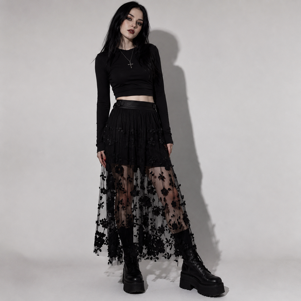 Gotycka Spódnica Maxi z Tiulową Siateczką i Haftowanymi Kwiatami | Czarna Spódnica Gothic Romantic & Dark Elegance