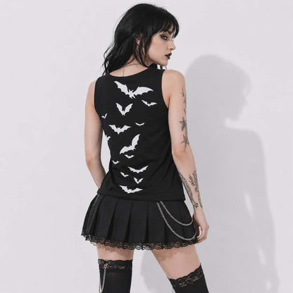 Gotycki Tank Top Damski Moon Moth | Dark Romantic Goth Top z Księżycem i Nietoperzami
