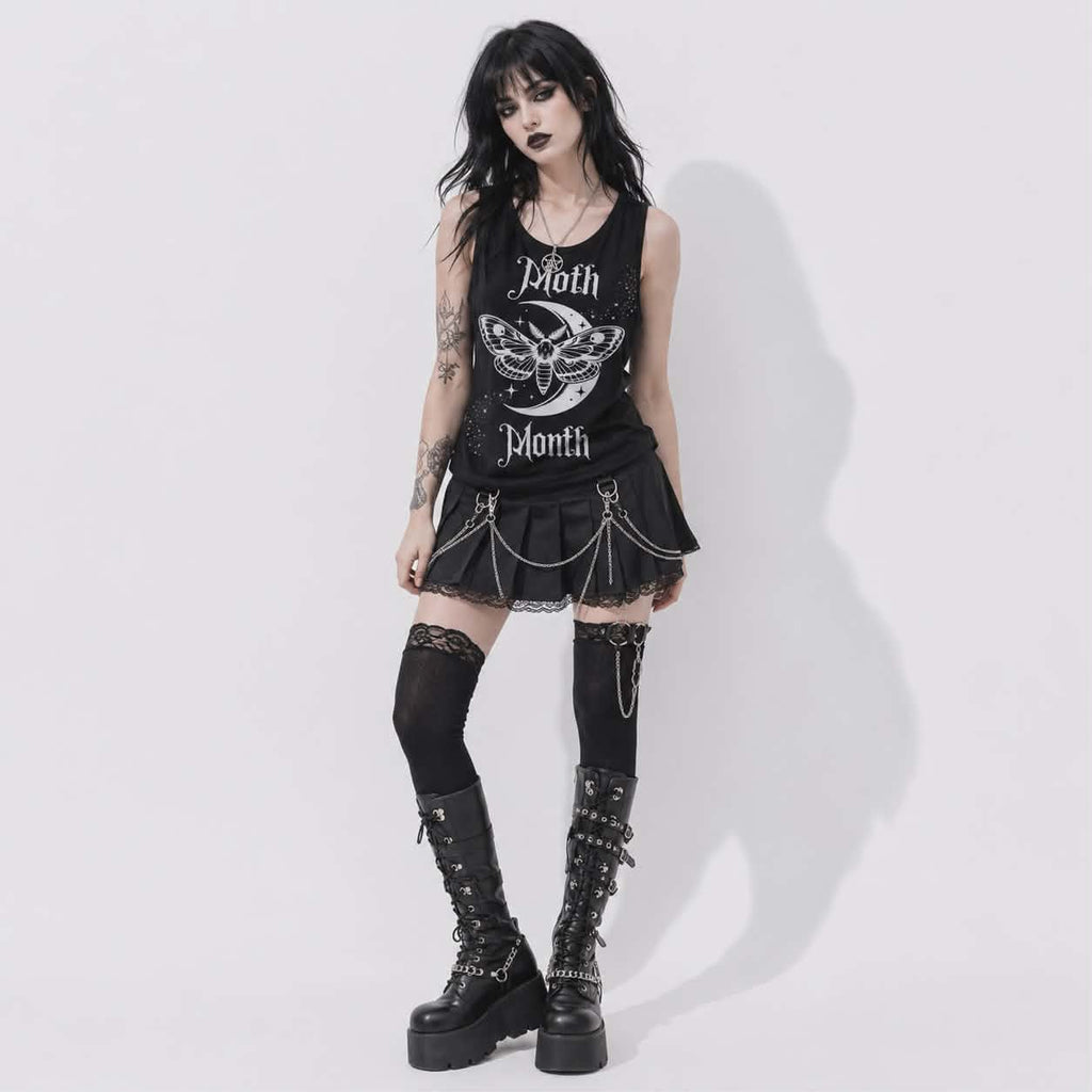 Gotycki Tank Top Damski Moon Moth | Dark Romantic Goth Top z Księżycem i Nietoperzami