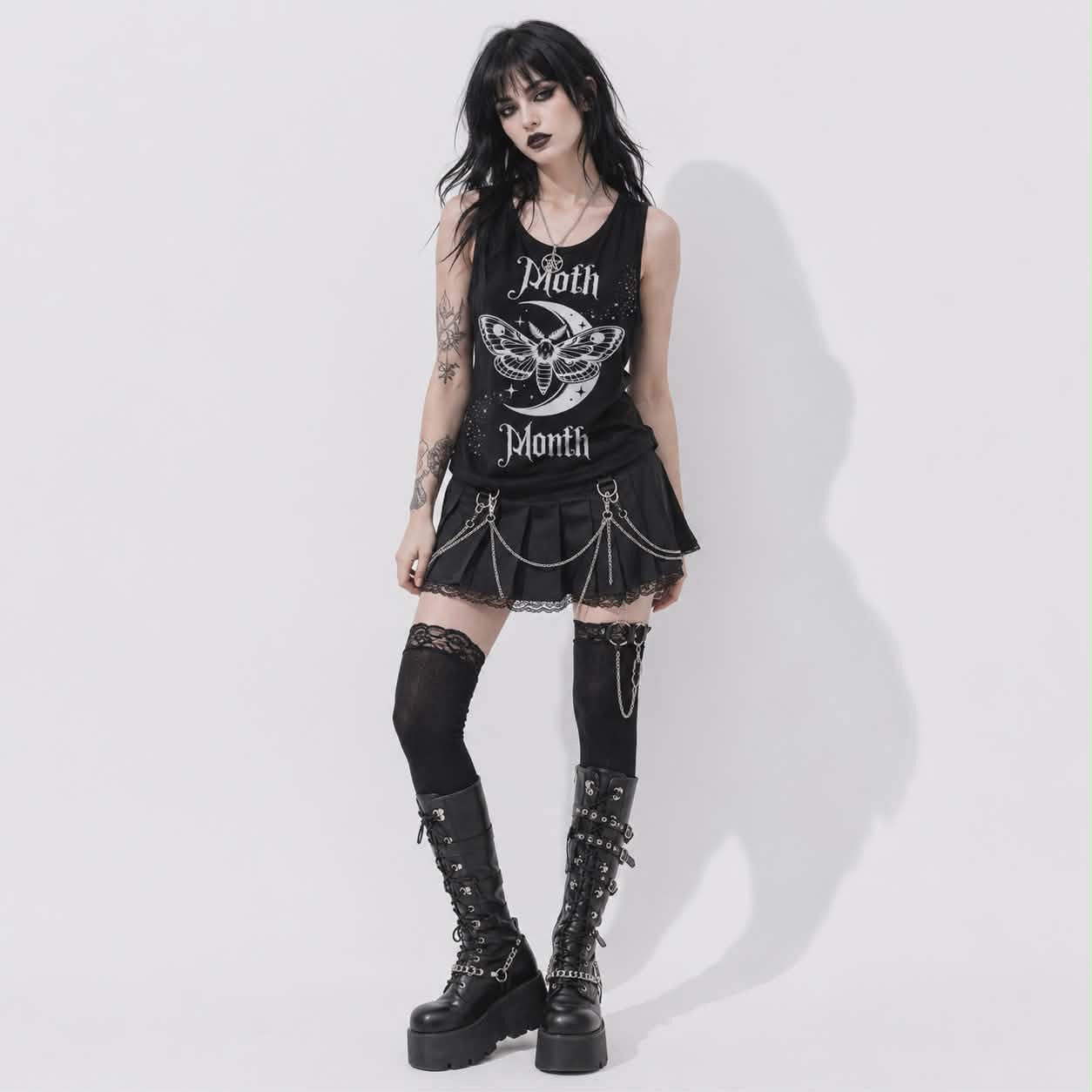 Gotycki Tank Top Damski Moon Moth | Dark Romantic Goth Top z Księżycem i Nietoperzami