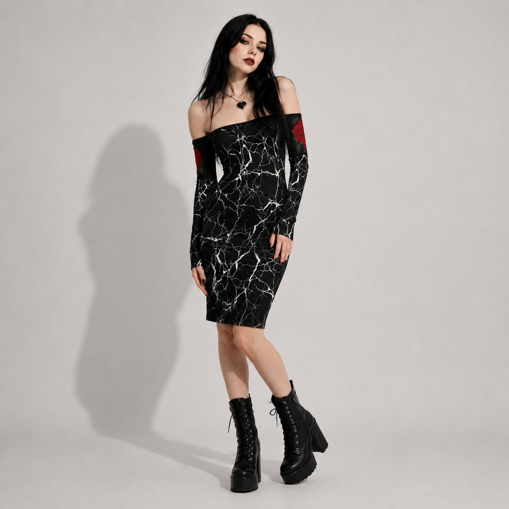 Gotycka Sukienka Bodycon Dark Marble Rose Lace Up | Sukienka Gothic z Odkrytymi Ramionami i Wiązaniem na Plecach