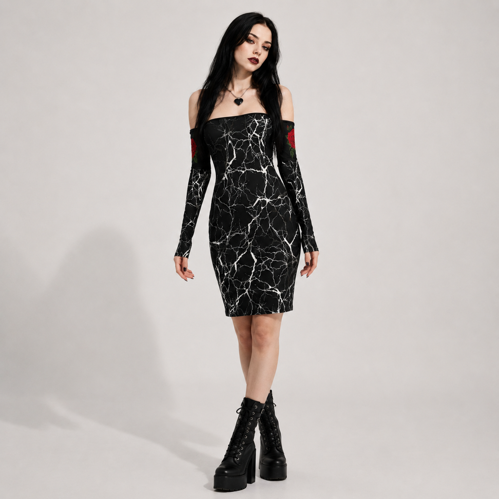 Gotycka Sukienka Bodycon Dark Marble Rose Lace Up | Sukienka Gothic z Odkrytymi Ramionami i Wiązaniem na Plecach