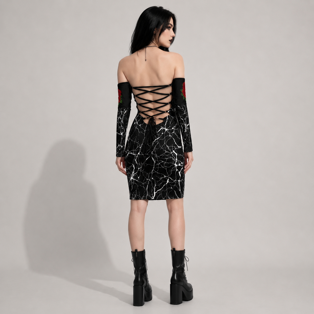 Gotycka Sukienka Bodycon Dark Marble Rose Lace Up | Sukienka Gothic z Odkrytymi Ramionami i Wiązaniem na Plecach