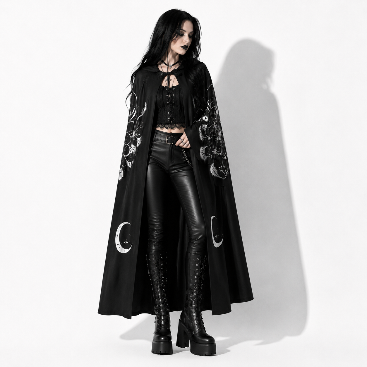 Gotycka Peleryna z Kapturem Moon Moth | Płaszcz Witchcore & Dark Academia Maxi