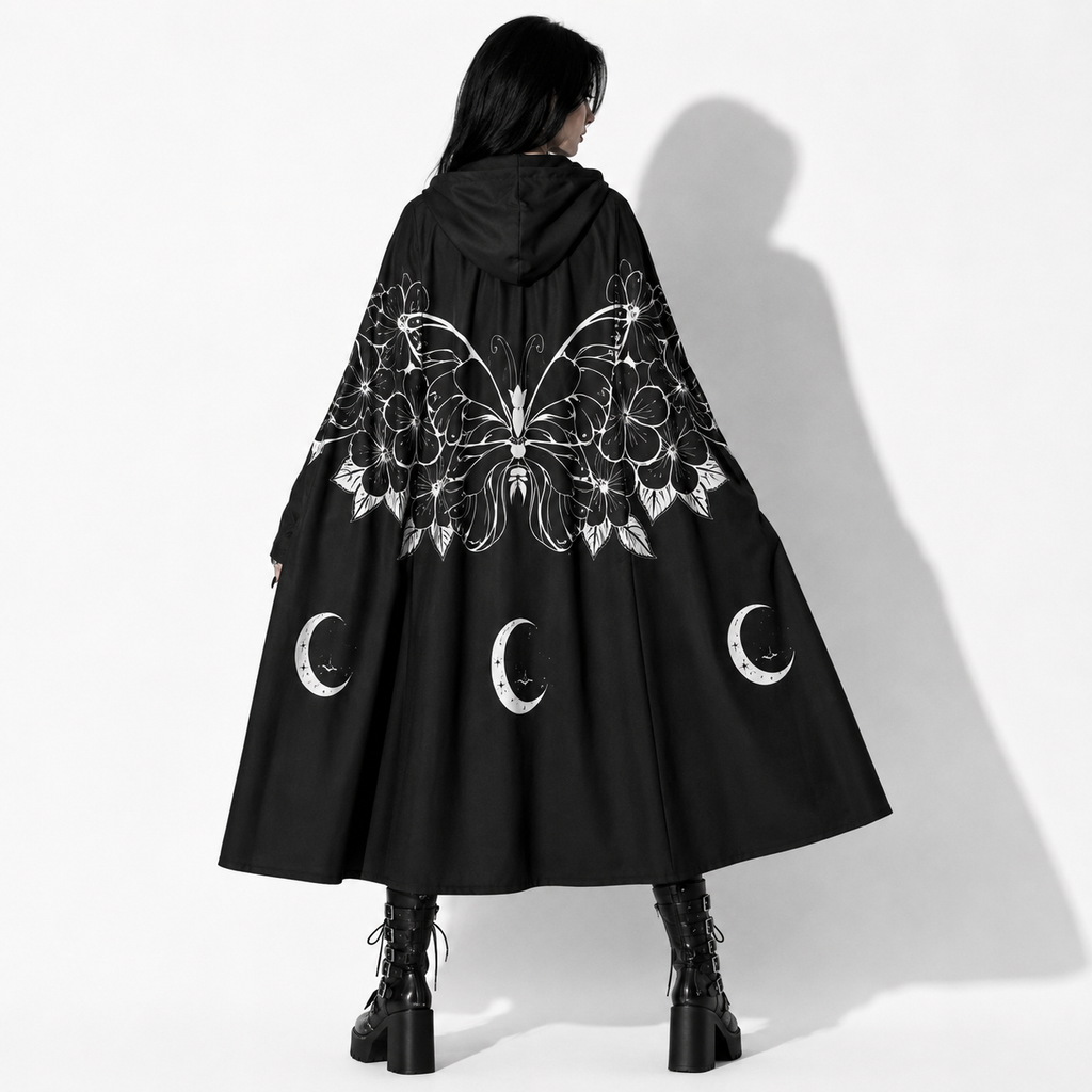 Gotycka Peleryna z Kapturem Moon Moth | Płaszcz Witchcore & Dark Academia Maxi