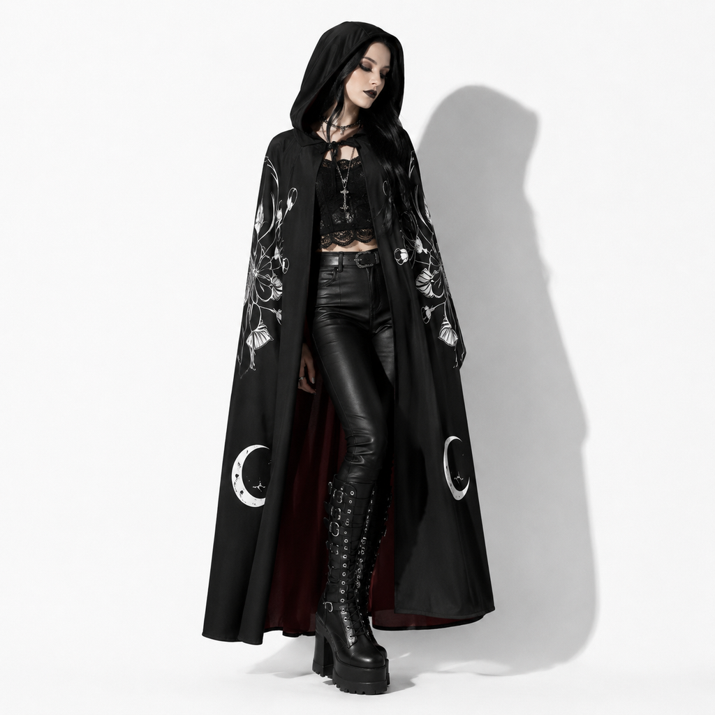 Gotycka Peleryna z Kapturem Moon Moth | Płaszcz Witchcore & Dark Academia Maxi