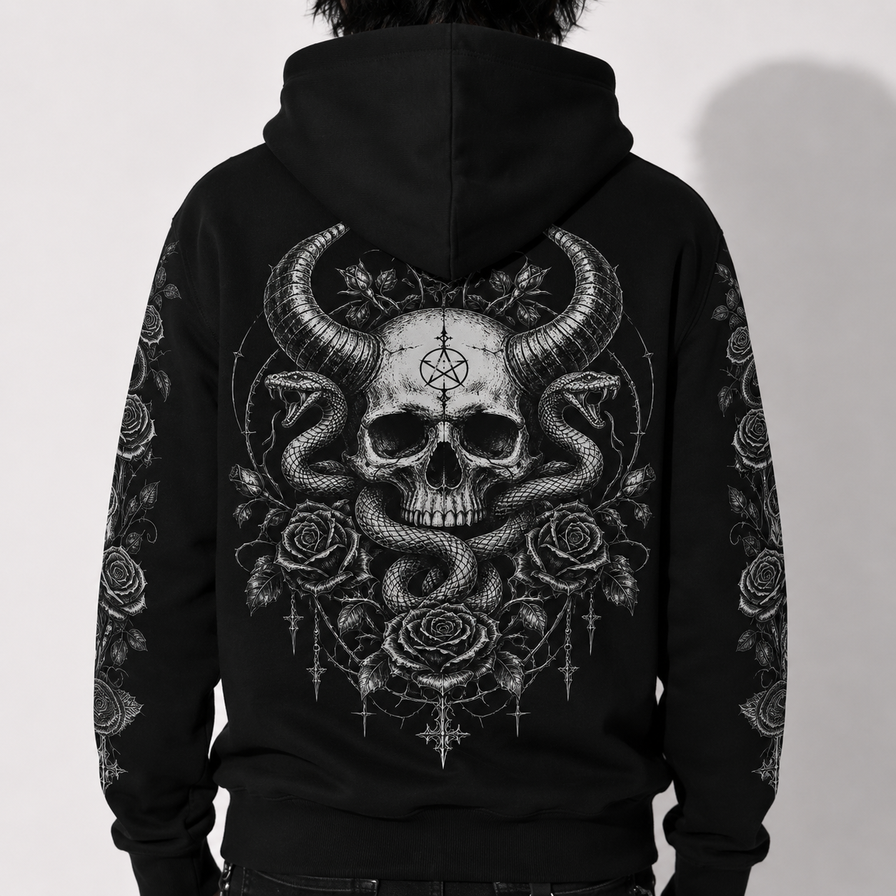 back view model in dark fantasy gothic hoodie with serpent skull artwork metal inspired streetwear style