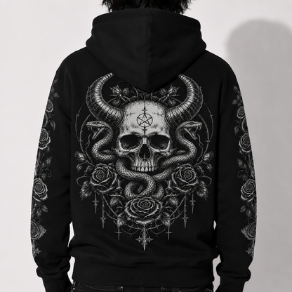 back view model in dark fantasy gothic hoodie with serpent skull artwork metal inspired streetwear style