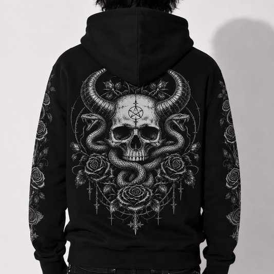 back view model in dark fantasy gothic hoodie with serpent skull artwork metal inspired streetwear style