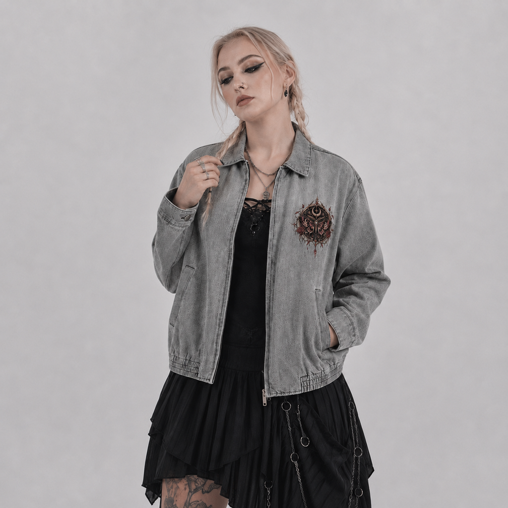 Gotycka Kurtka Wicca Denim Unisex | Ćma Śmierci i Księżyc | Death Moth Ritual