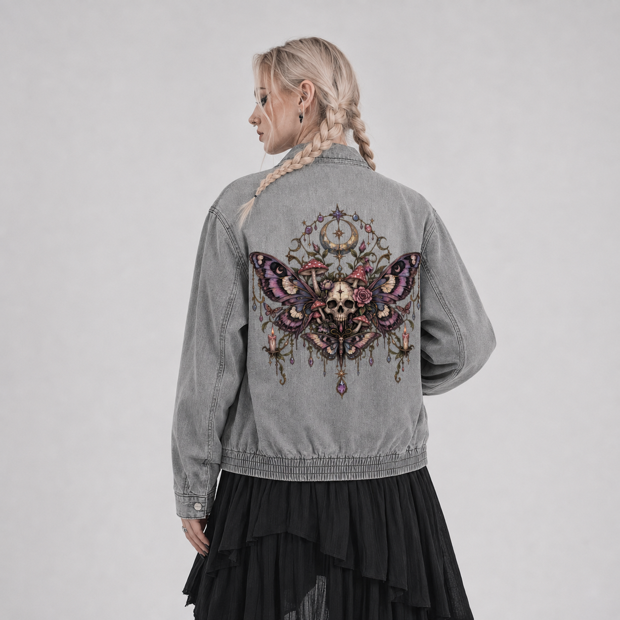 Gotycka Kurtka Wicca Denim Unisex | Ćma Śmierci i Księżyc | Death Moth Ritual