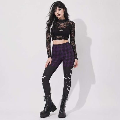 Gotyckie Legginsy Damskie Witchcore | Fioletowa Krata, Nietoperze i Dark Academia