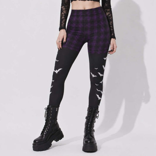Gotyckie Legginsy Damskie Witchcore | Fioletowa Krata, Nietoperze i Dark Academia
