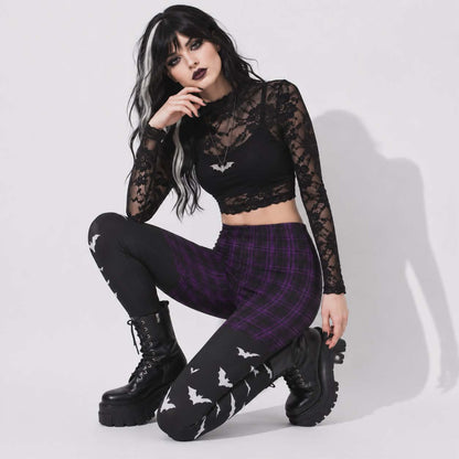 Gotyckie Legginsy Damskie Witchcore | Fioletowa Krata, Nietoperze i Dark Academia
