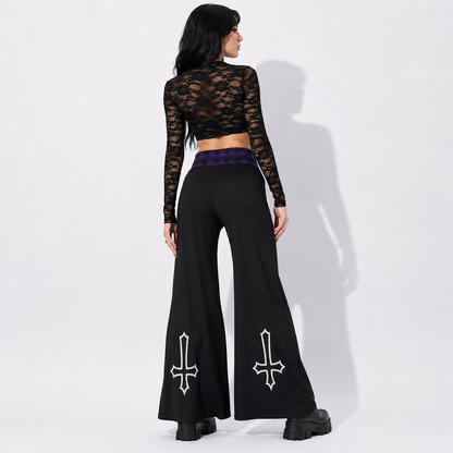 Gotyckie Spodnie Damskie Wide Leg | Witchcore Moon & Bats – Czarne Szerokie Spodnie Alternatywne