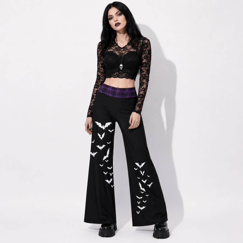 Gotyckie Spodnie Damskie Wide Leg | Witchcore Moon & Bats – Czarne Szerokie Spodnie Alternatywne