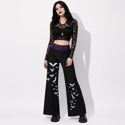 Gotyckie Spodnie Damskie Wide Leg | Witchcore Moon & Bats – Czarne Szerokie Spodnie Alternatywne