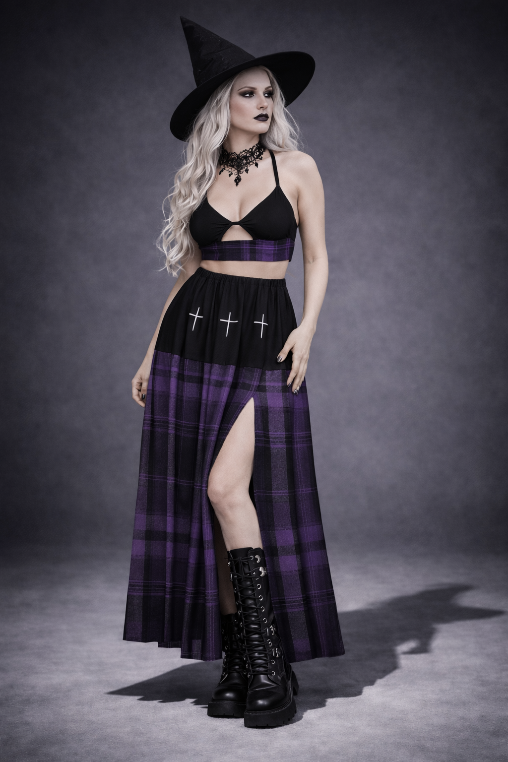 Gothic Alternative Dress | Gothic Witchcore Purple Magic Tartan