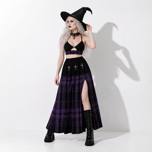 gothic witchcore dress purple tartan outfit with black crop top and long skirt front view