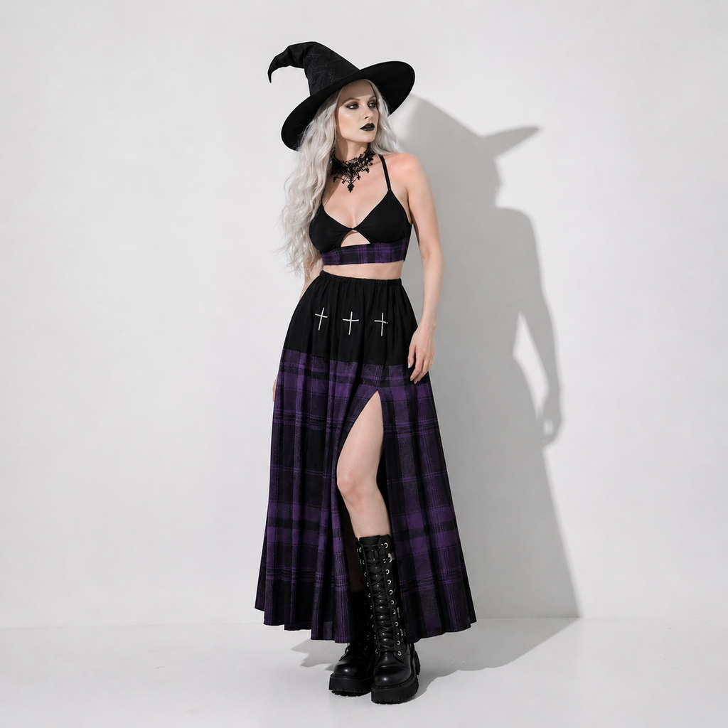 dark aesthetic gothic dress purple tartan skirt with witch hat alternative fashion look