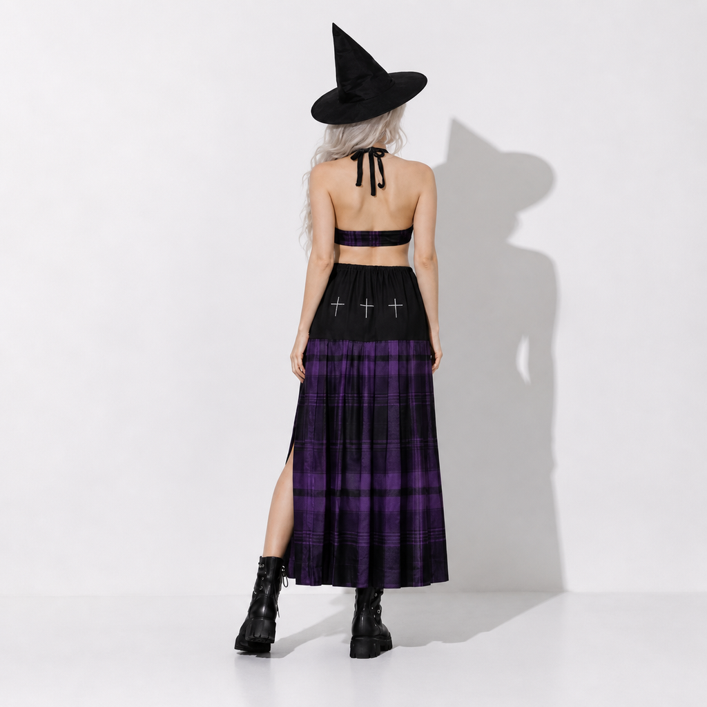 back view gothic witchcore dress purple tartan long skirt dark aesthetic outfit