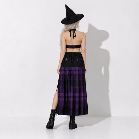 back view gothic witchcore dress purple tartan long skirt dark aesthetic outfit