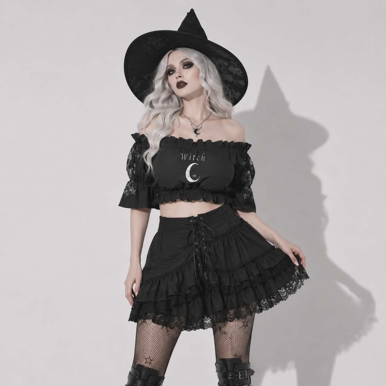 Gotycki Crop Top Witch Moon | Mroczny Top Witchcore Off Shoulder z Bufkami