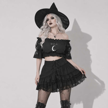 Gotycki Crop Top Witch Moon | Mroczny Top Witchcore Off Shoulder z Bufkami
