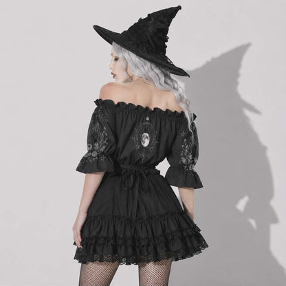 Gotycki Crop Top Witch Moon | Mroczny Top Witchcore Off Shoulder z Bufkami