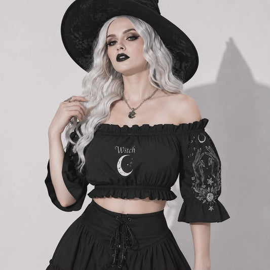 Gotycki Crop Top Witch Moon | Mroczny Top Witchcore Off Shoulder z Bufkami