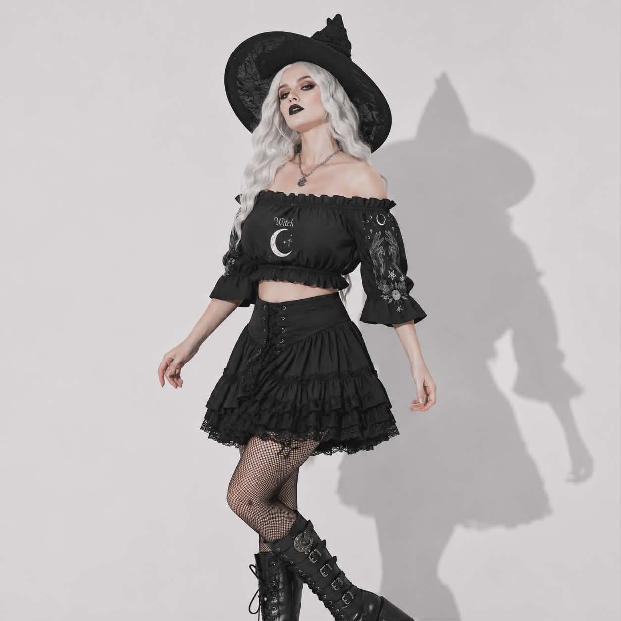 Gotycki Crop Top Witch Moon | Mroczny Top Witchcore Off Shoulder z Bufkami