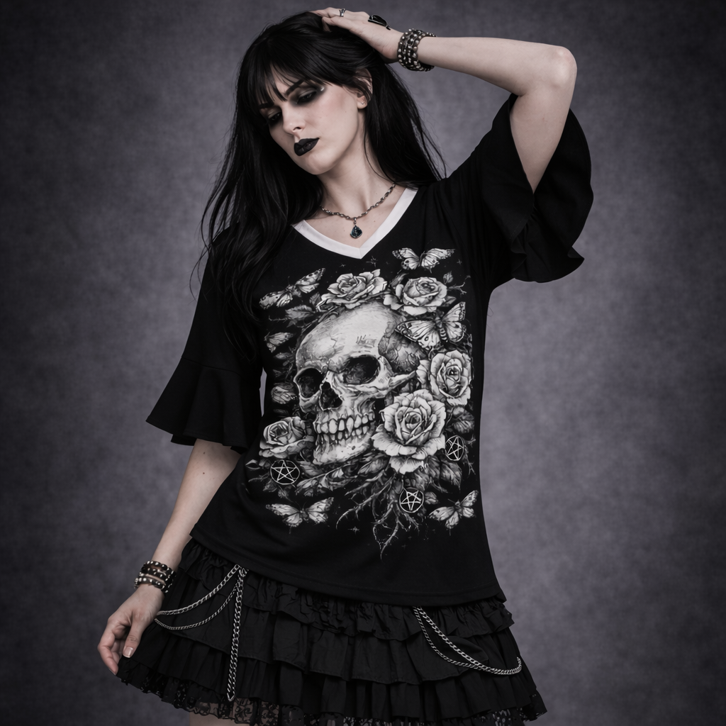 Damska Gotycka Bluzka z Falbanami | Garden of Death Gothic Blouse