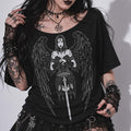 Gotycka Koszulka Damska Dark Angel | Occult Fallen Angel Loose Fit | Gothic Boat Neck Top 3/4 Sleeve
