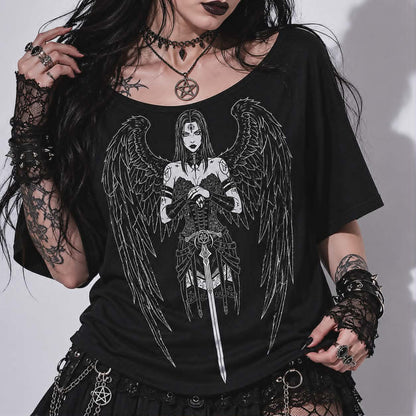 Gotycka Koszulka Damska Dark Angel | Occult Fallen Angel Loose Fit | Gothic Boat Neck Top 3/4 Sleeve