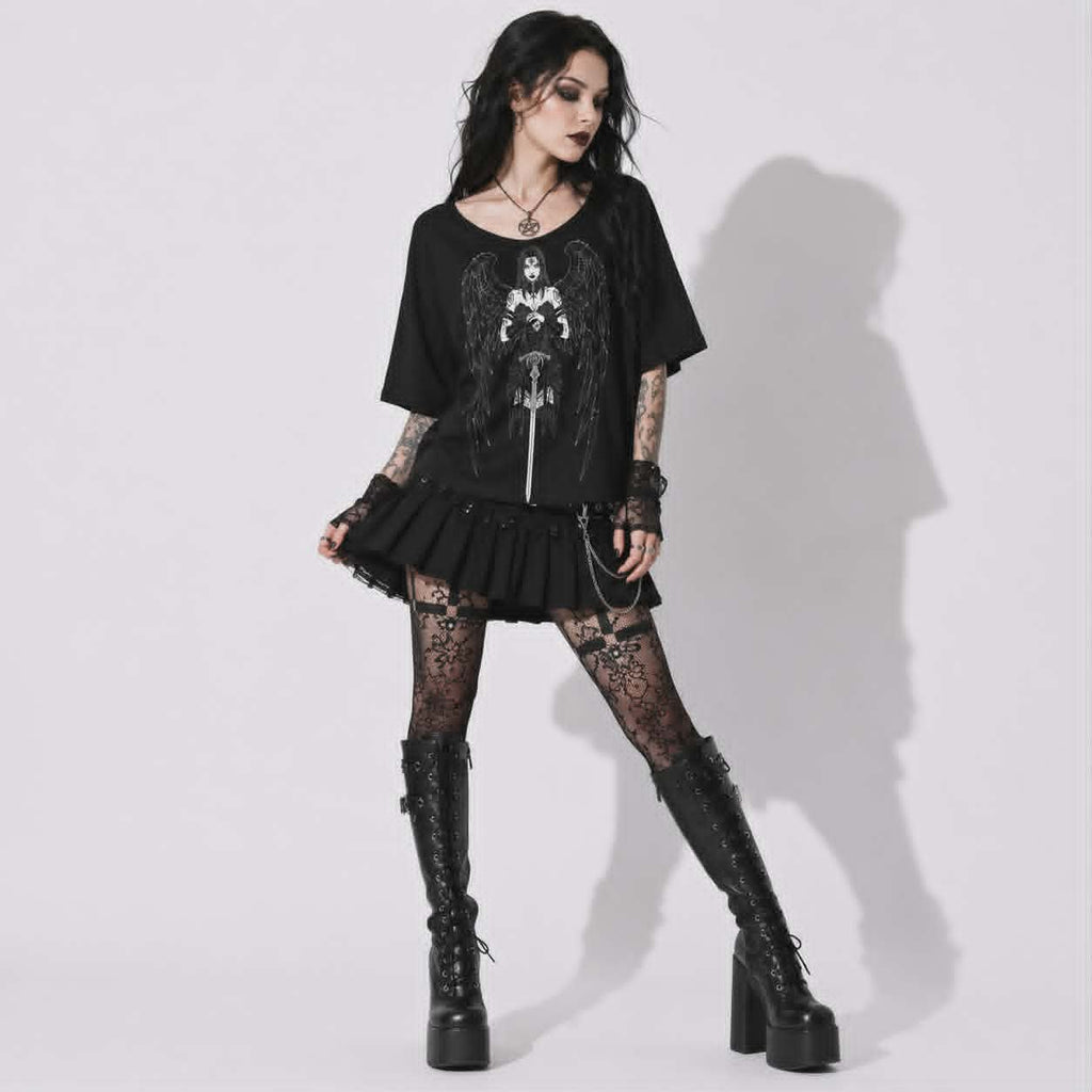 Gotycka Koszulka Damska Dark Angel | Occult Fallen Angel Loose Fit | Gothic Boat Neck Top 3/4 Sleeve