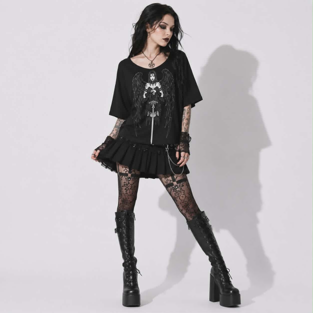 Gotycka Koszulka Damska Dark Angel | Occult Fallen Angel Loose Fit | Gothic Boat Neck Top 3/4 Sleeve