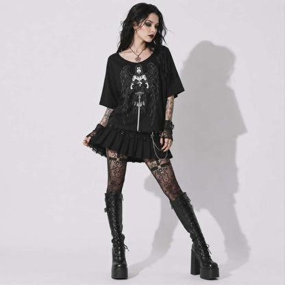 Gotycka Koszulka Damska Dark Angel | Occult Fallen Angel Loose Fit | Gothic Boat Neck Top 3/4 Sleeve