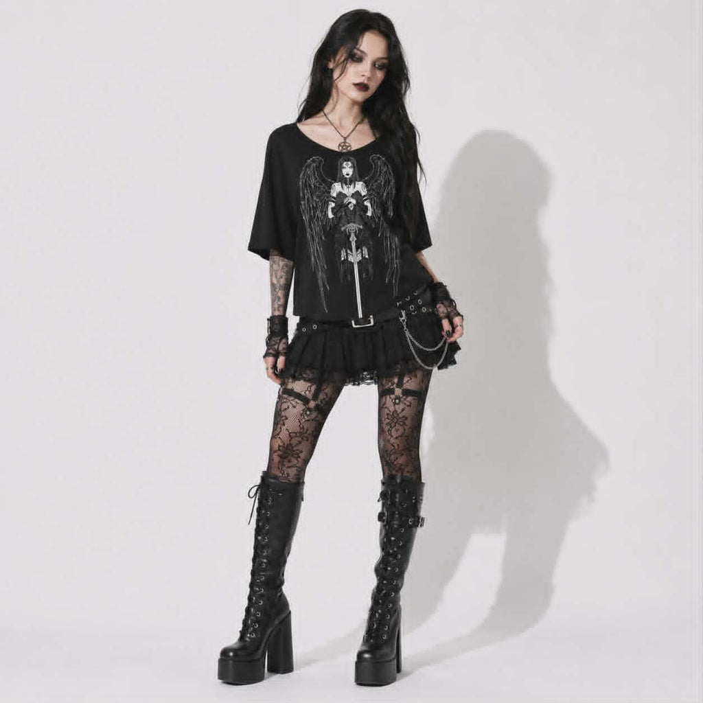 Gotycka Koszulka Damska Dark Angel | Occult Fallen Angel Loose Fit | Gothic Boat Neck Top 3/4 Sleeve
