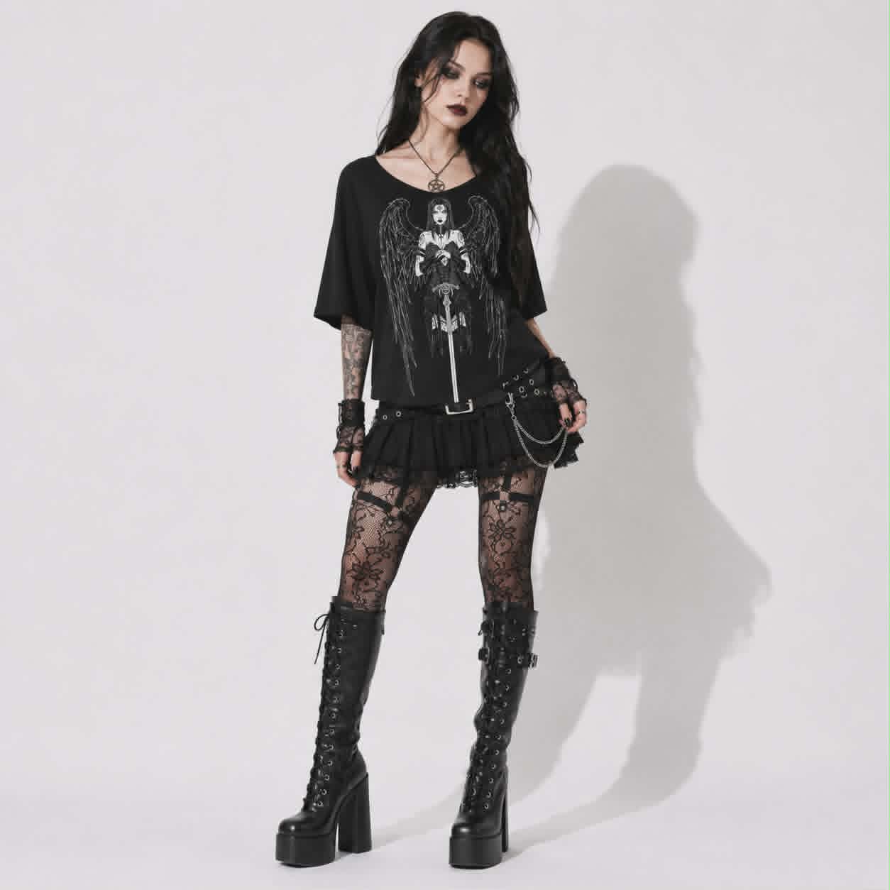 Gotycka Koszulka Damska Dark Angel | Occult Fallen Angel Loose Fit | Gothic Boat Neck Top 3/4 Sleeve