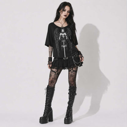 Gotycka Koszulka Damska Dark Angel | Occult Fallen Angel Loose Fit | Gothic Boat Neck Top 3/4 Sleeve