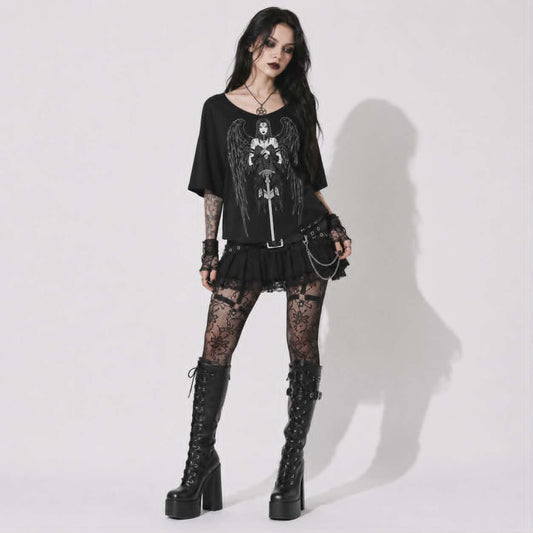 Gotycka Koszulka Damska Dark Angel | Occult Fallen Angel Loose Fit | Gothic Boat Neck Top 3/4 Sleeve