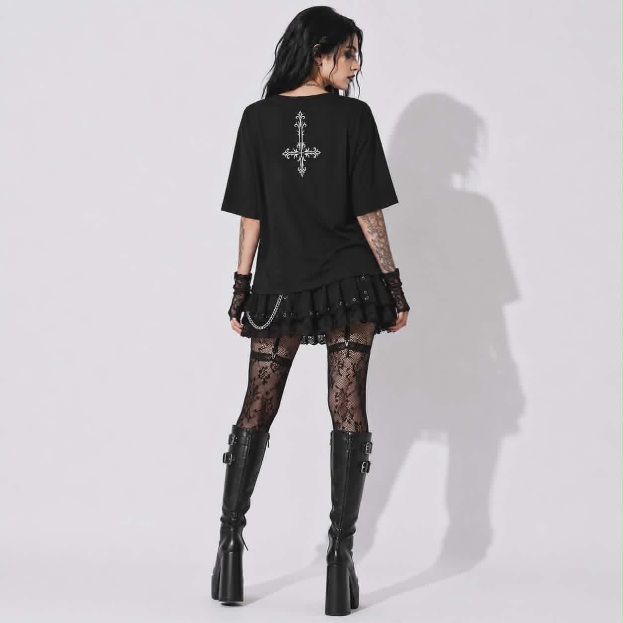 Gotycka Koszulka Damska Dark Angel | Occult Fallen Angel Loose Fit | Gothic Boat Neck Top 3/4 Sleeve