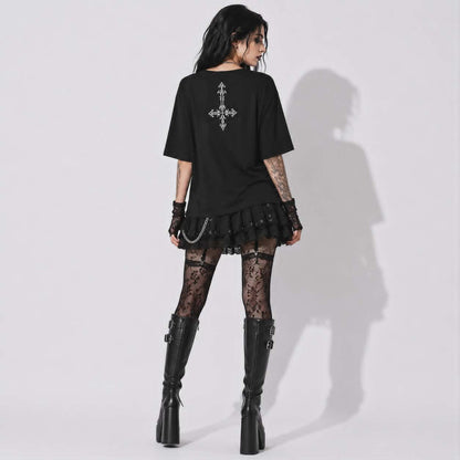 Gotycka Koszulka Damska Dark Angel | Occult Fallen Angel Loose Fit | Gothic Boat Neck Top 3/4 Sleeve