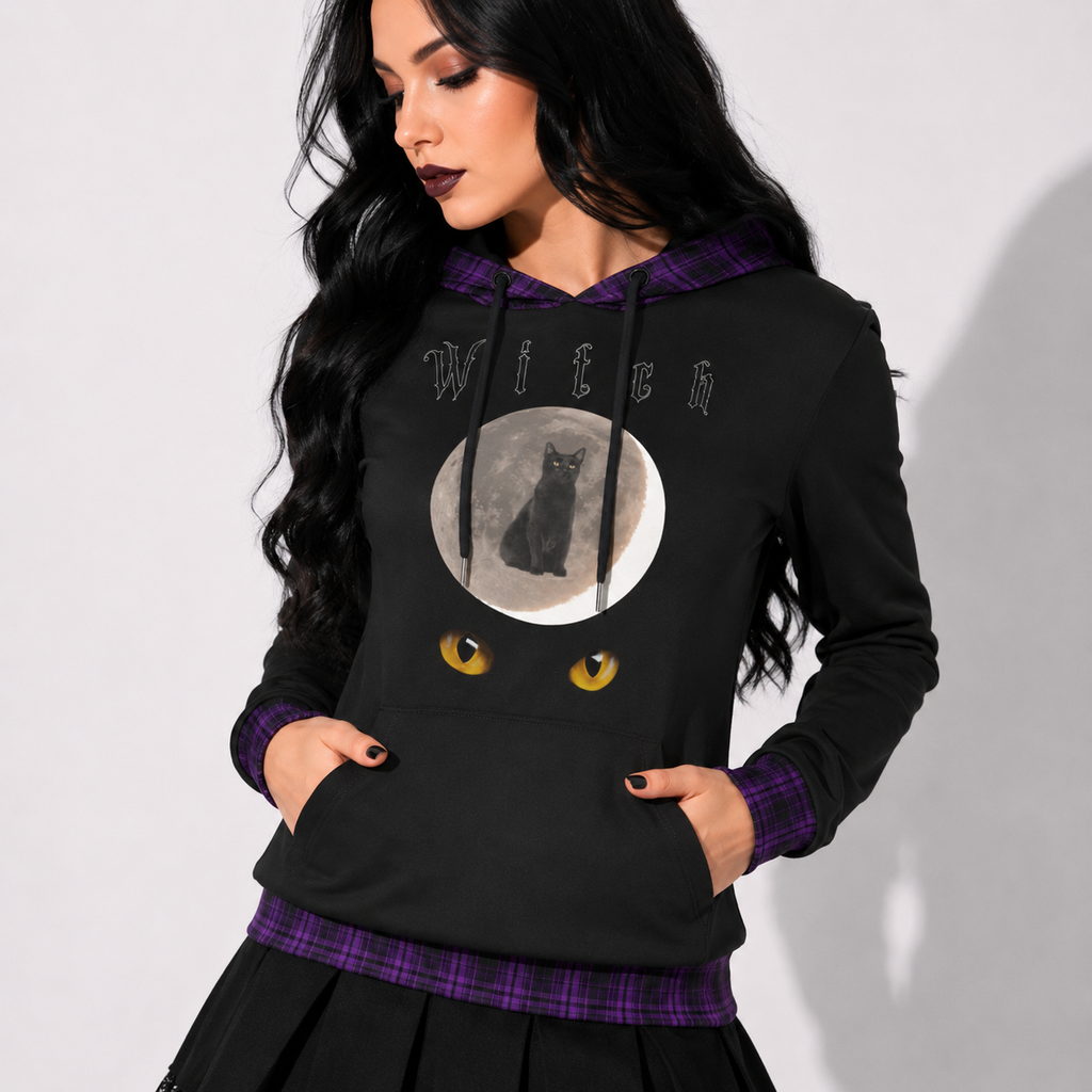 Gotycka Bluza Damska Witch Cat | Mroczna Bluza Witchcore z Kotem | Cotton Blend Hoodie