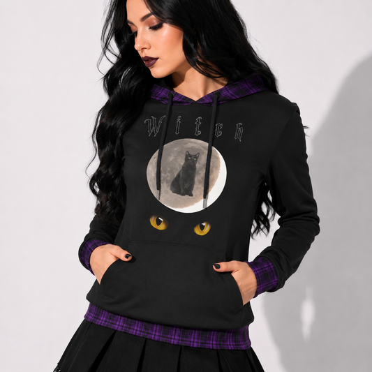 Gotycka Bluza Damska Witch Cat | Mroczna Bluza Witchcore z Kotem | Cotton Blend Hoodie