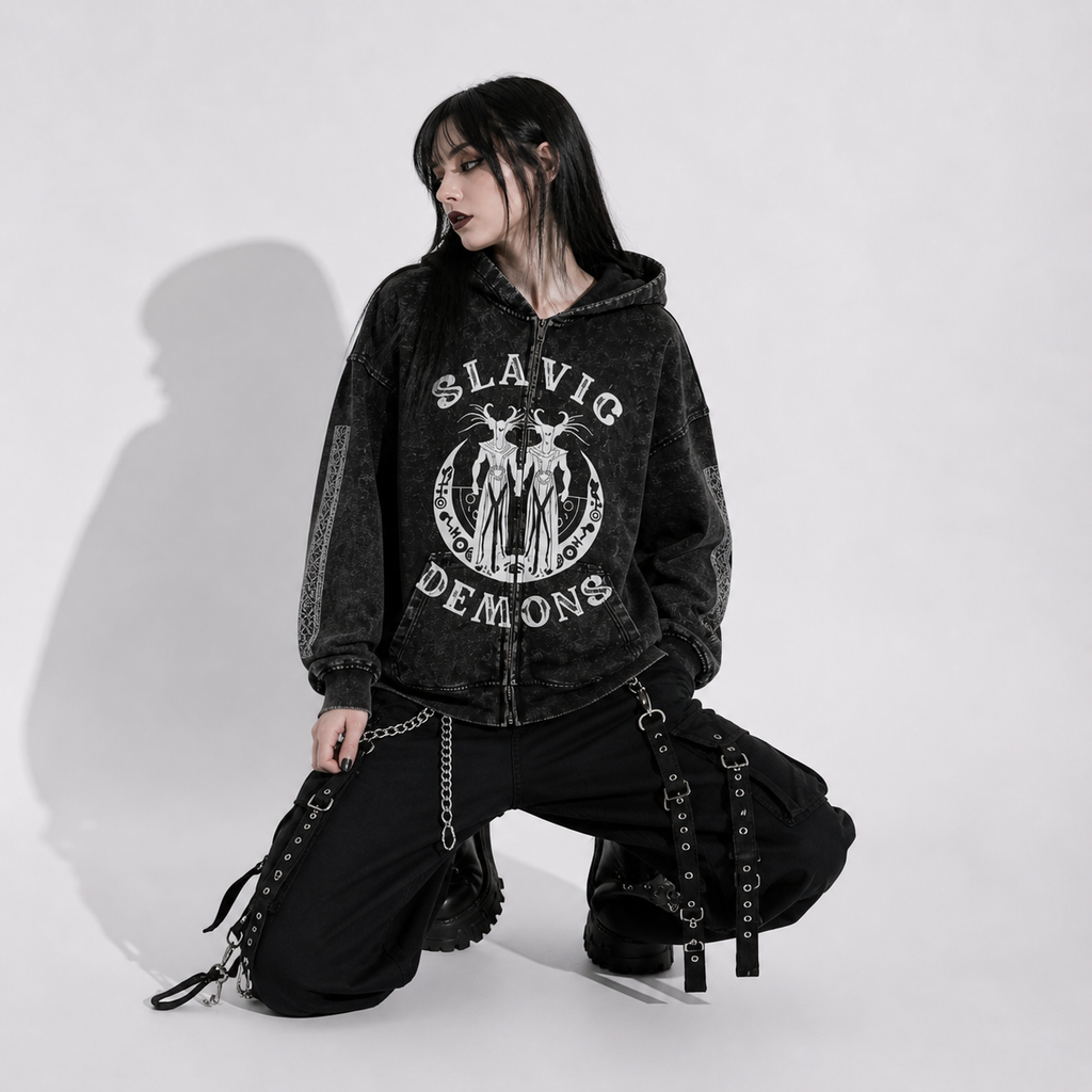 Gotycka Bluza Zip Slavic Demons – Gothic Hoodie Dark Folk Aesthetic Oversize