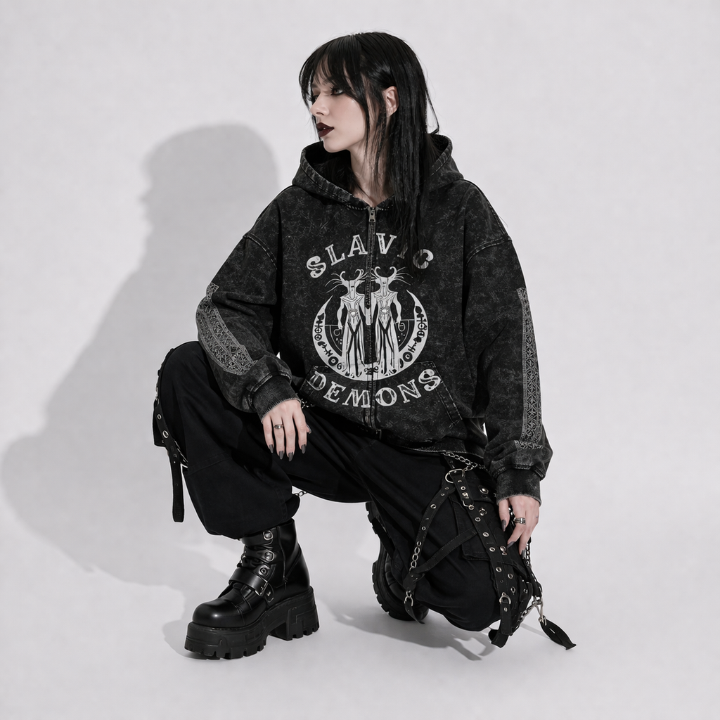 Gotycka Bluza Zip Slavic Demons – Gothic Hoodie Dark Folk Aesthetic Oversize
