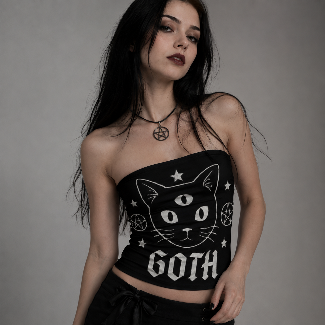 Gotycki Bezramienny Crop Top | Occult Cat Familiar Tube Top | Gothicana Nocturne