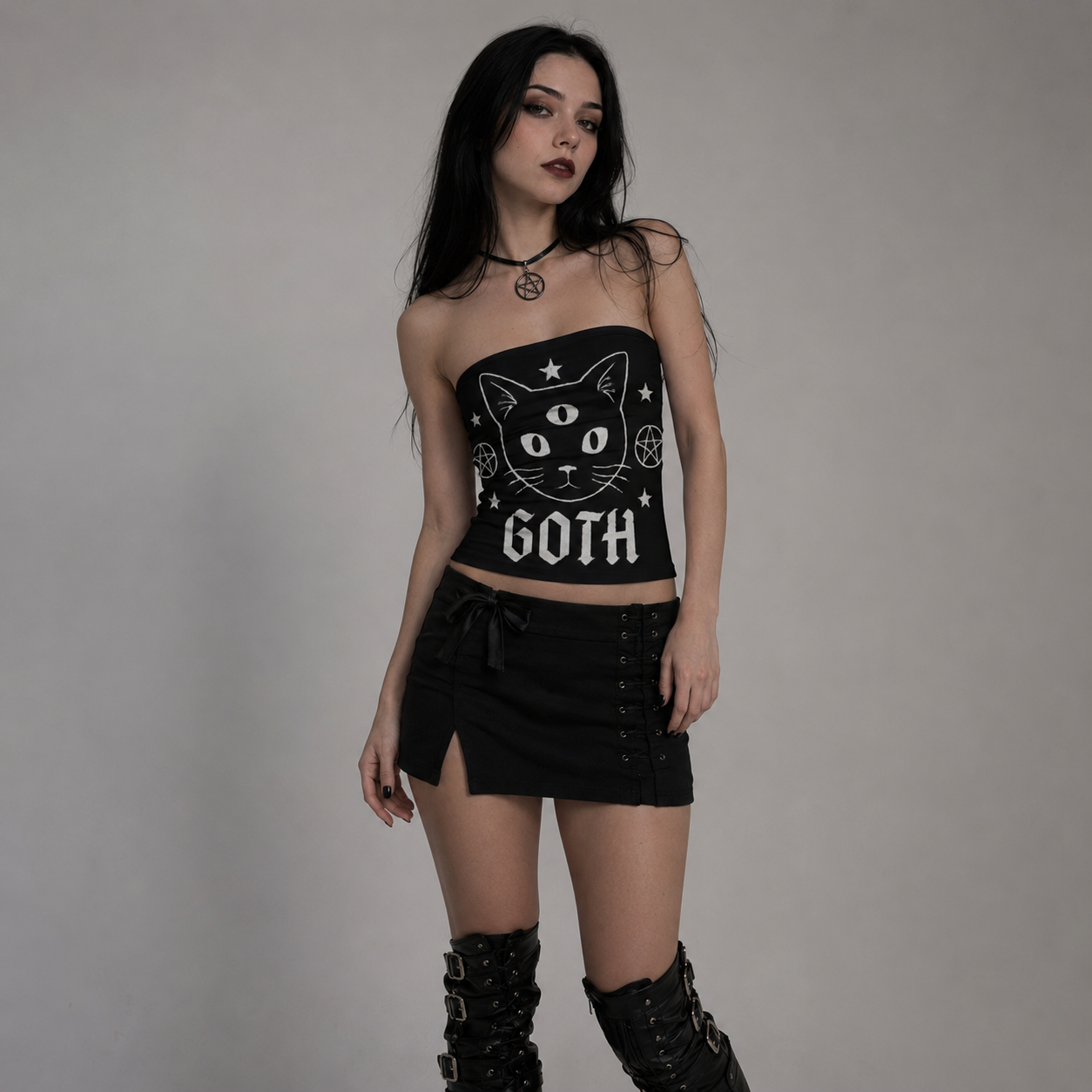 Gotycki Bezramienny Crop Top | Occult Cat Familiar Tube Top | Gothicana Nocturne