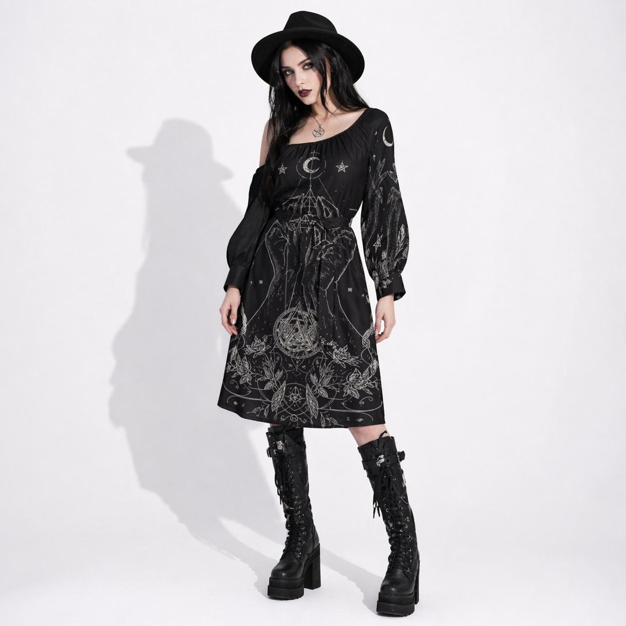 Gotycka Sukienka Wiccańska Sacred Geometry – Symbole Lunarne i Magiczne Dłonie | Occult Witch Dress